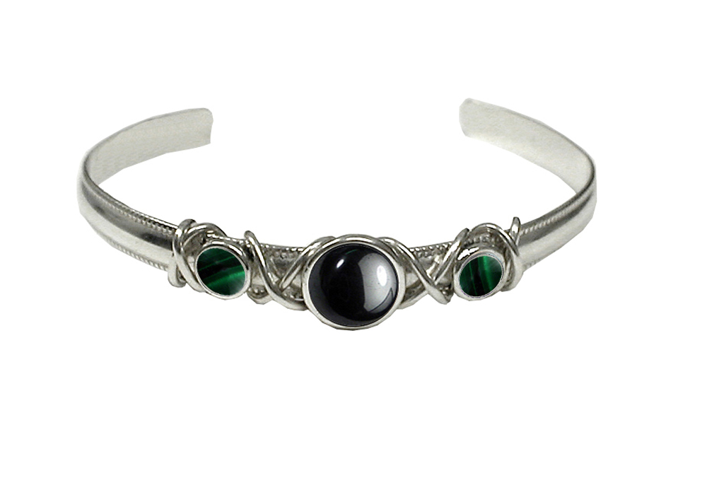 Sterling Silver Hand Made Cuff Bracelet With Hematite And Malachite